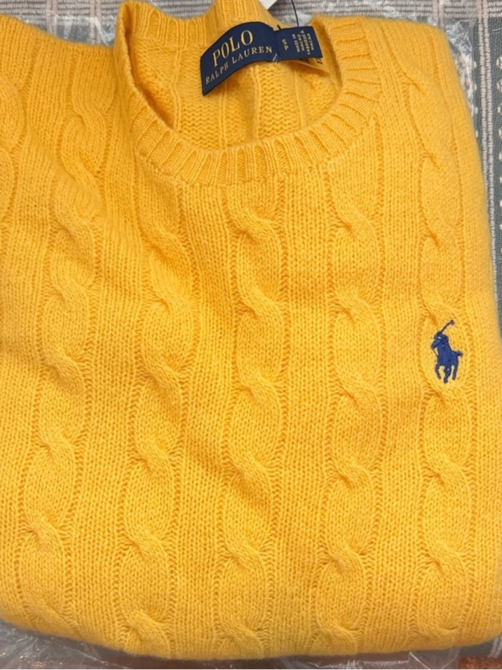 Ralph Lauren Yellow Cable-Knit Crewneck Sweater with Blue Pony